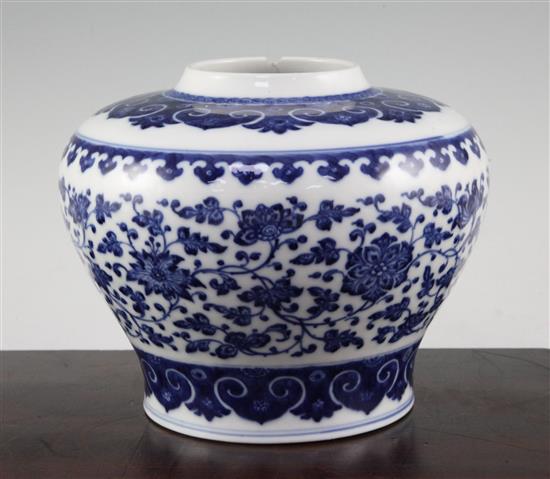 A Chinese blue and white Ming style baluster vase, Yongzheng period, 16cm., some damage